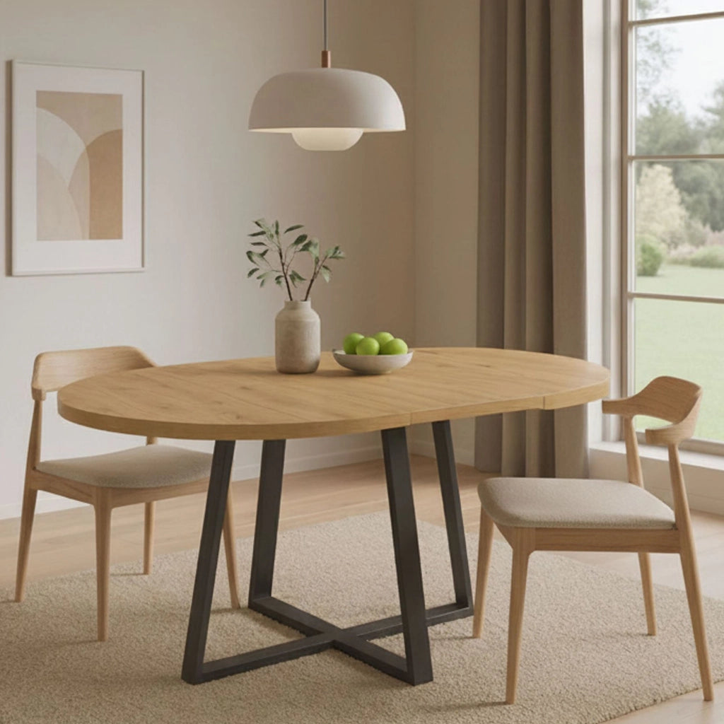 Tavolo allungabile Andia, Consolle estensibile rotondo, Tavolo da pranzo multiuso ovale, 110/158x110h77 cm, Rovere Nodi