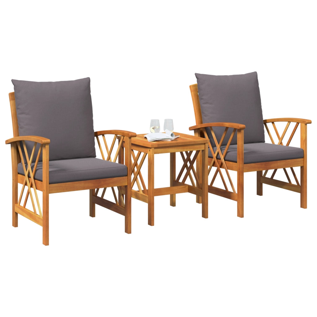 Set da giardino in 3 pezzi con cuscini in legno massello di acacia
