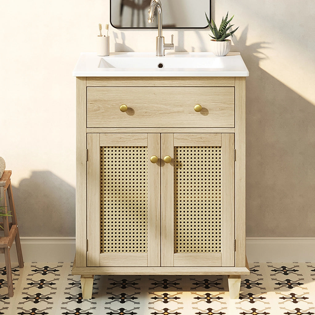 Mobile bagno con 2 ante; 1 ribaltina e ripiani regolabili con lavabo in ceramica per bagno; 61×47×87 cm