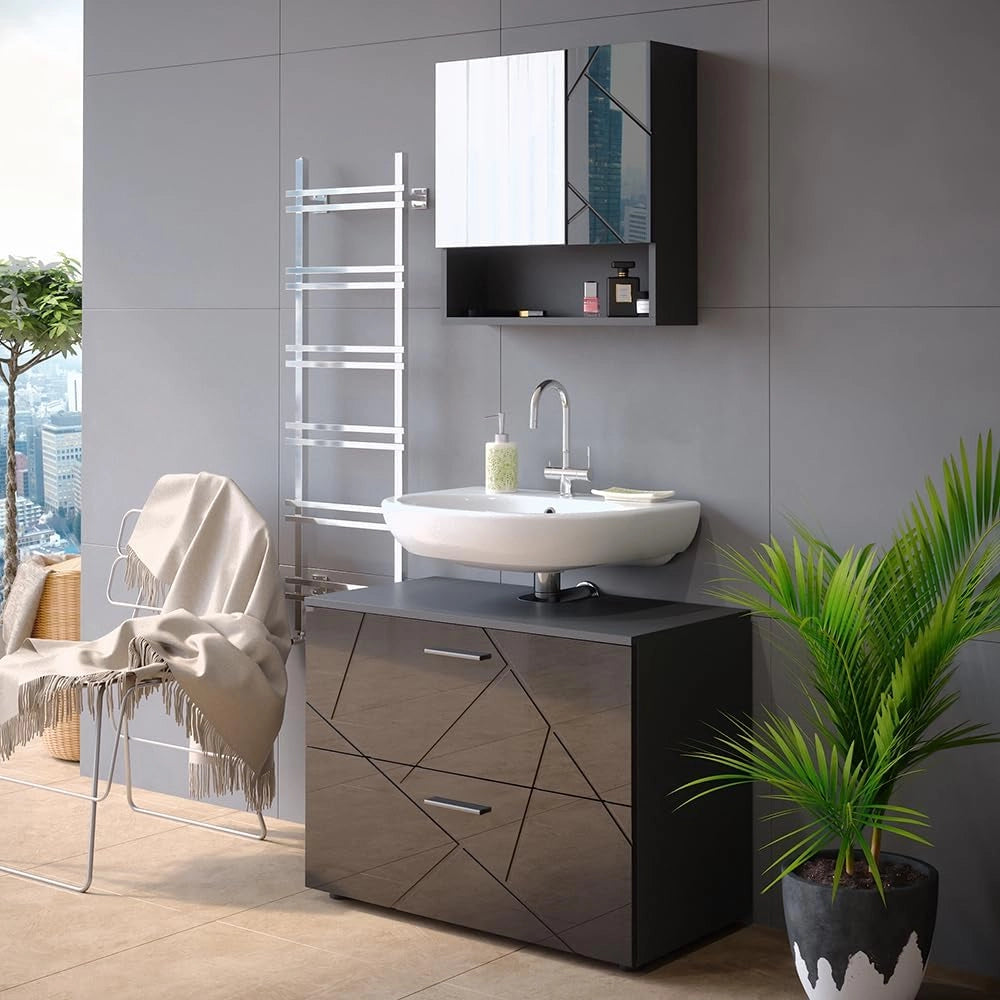 Mobile sottolavabo per bagno Irma, Antracite lucido, 80 x 58.6 cm, adatto per l'installazione sopra il sifone con aperture di aerazione