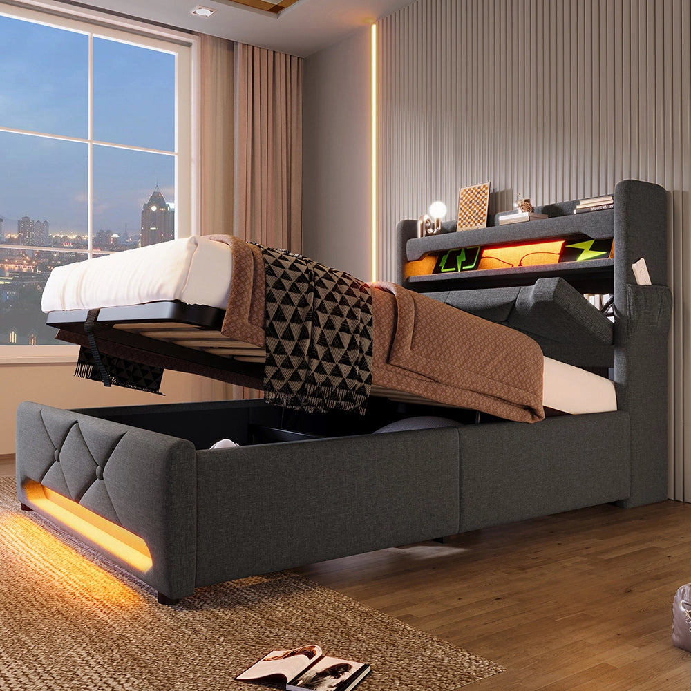 Letto singolo-Xylo-90x200 cm-LED 360°, USB-C, idraulico, lino, grigio