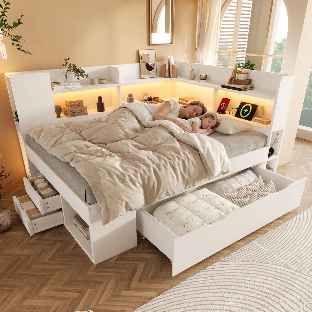 Letto Contenitore 140x200 con LED, USB, Cassetti e Rete a Doghe ¨C Xylo ¨C Bianco, con Materasso