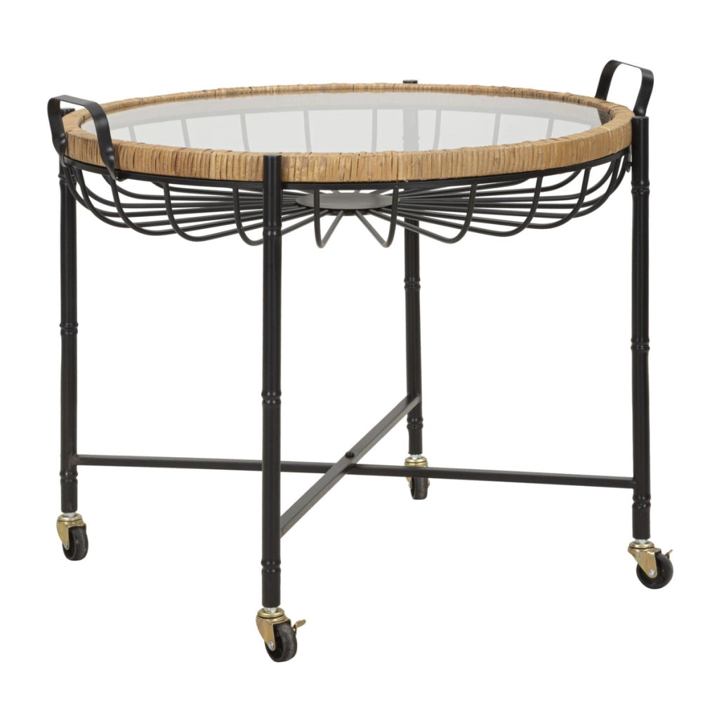 Tavolino Cebu con piano in vetro e ruote, ferro e rattan — 70,5x65x57 cm