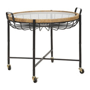 Tavolino Cebu con piano in vetro e ruote, ferro e rattan — 70,5x65x57 cm