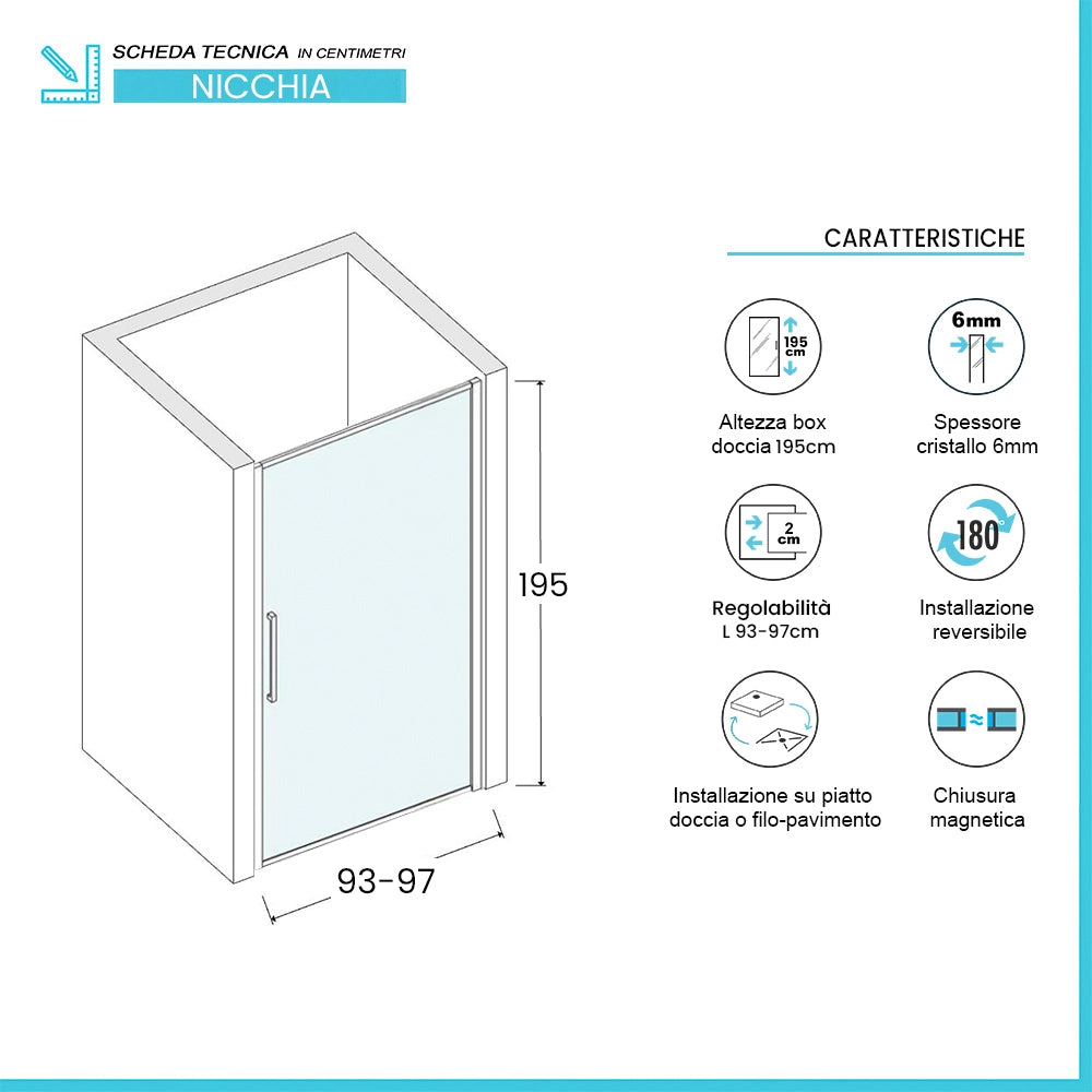 Porta doccia nicchia 95cm in vetro temperato trasparente battente con profilo nero opaco Neos