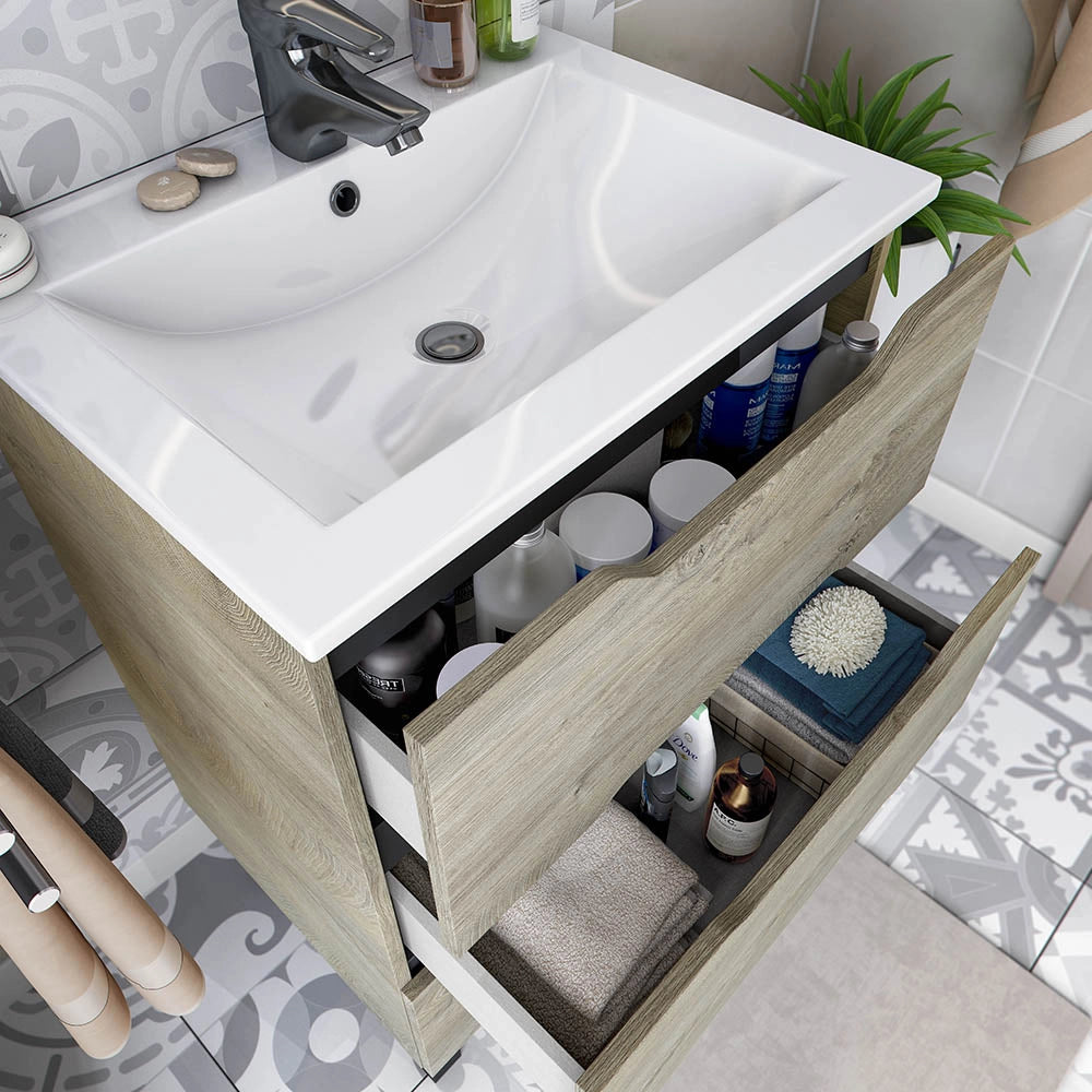 Caleta, set Mobili Bagno 3 Cassetti, Marrone Rovere Grigio