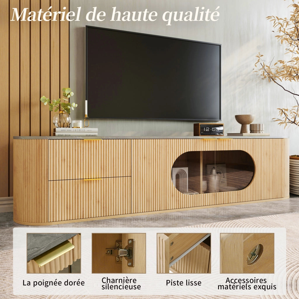 OKWISH Mobile TV con Vetrina Ovale in Vetro Grigio e Vani Chiusi, Stile Minimalista, per Soggiorno, MDF, 172 x 38 x 45.5 cm