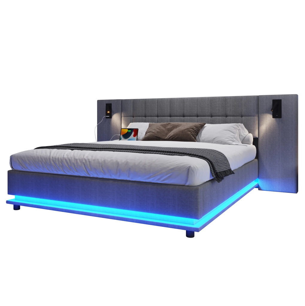Letto imbottito 180x200 cm con LED; spot e USB in lino grigio
