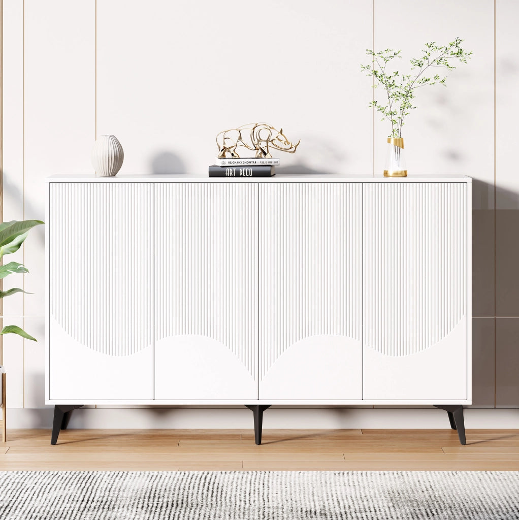 Credenza bianca 160 cm con ante incise e gambe in metallo