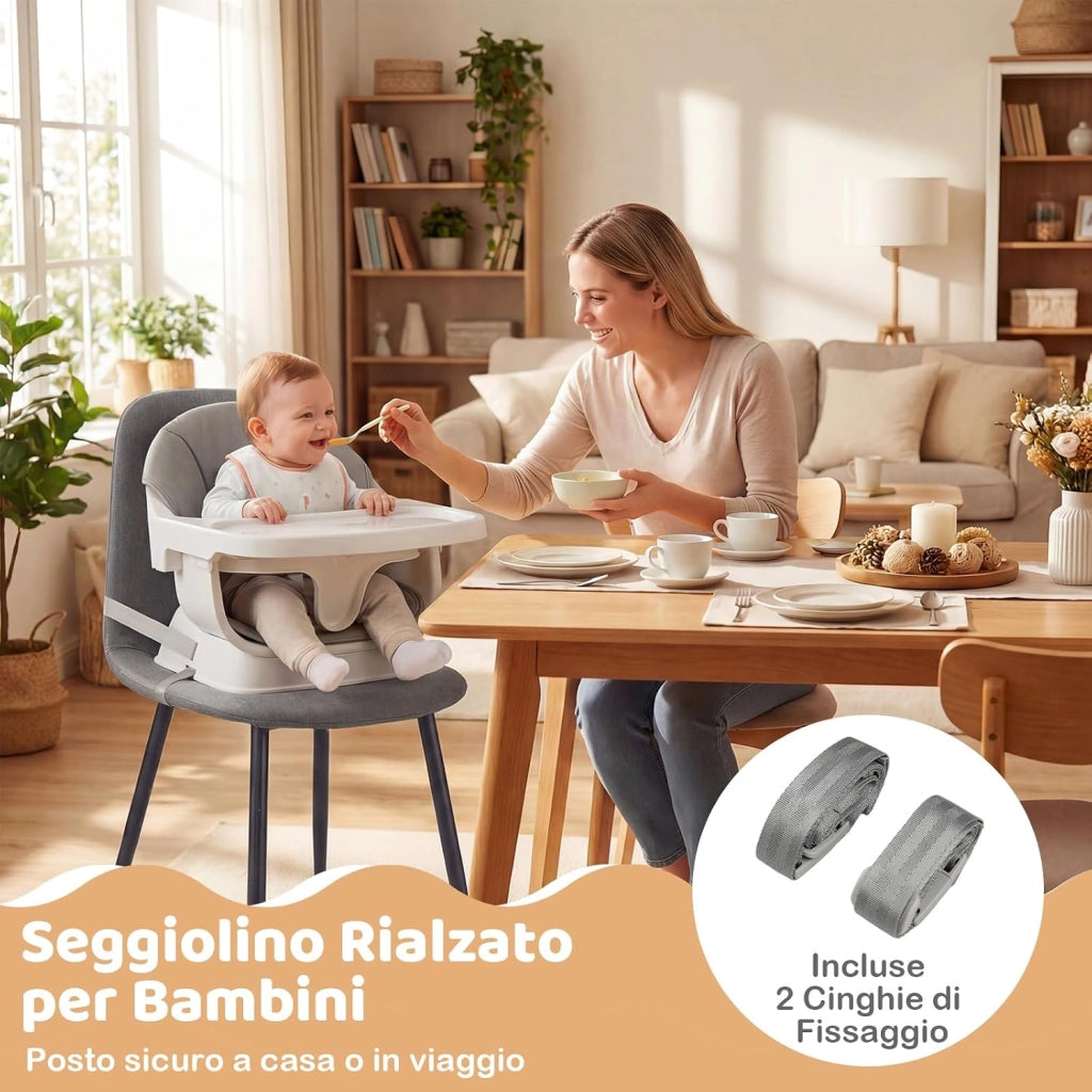 Seggiolone Pappa per Bambini, Seggiolone Convertibile con Cintura e Vassoio Rimovibile, Sedia Evolutiva per Neonati, Telaio in Legno Massello, per Neonati 6-36 Mesi (Grigio Chiaro)