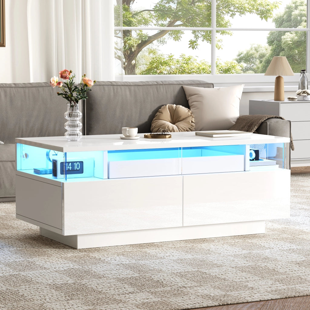 TAVOLINO DA SALOTTO 90x45x35,5 cm Bianco Lucido con 2 Cassetti e Vassoio
