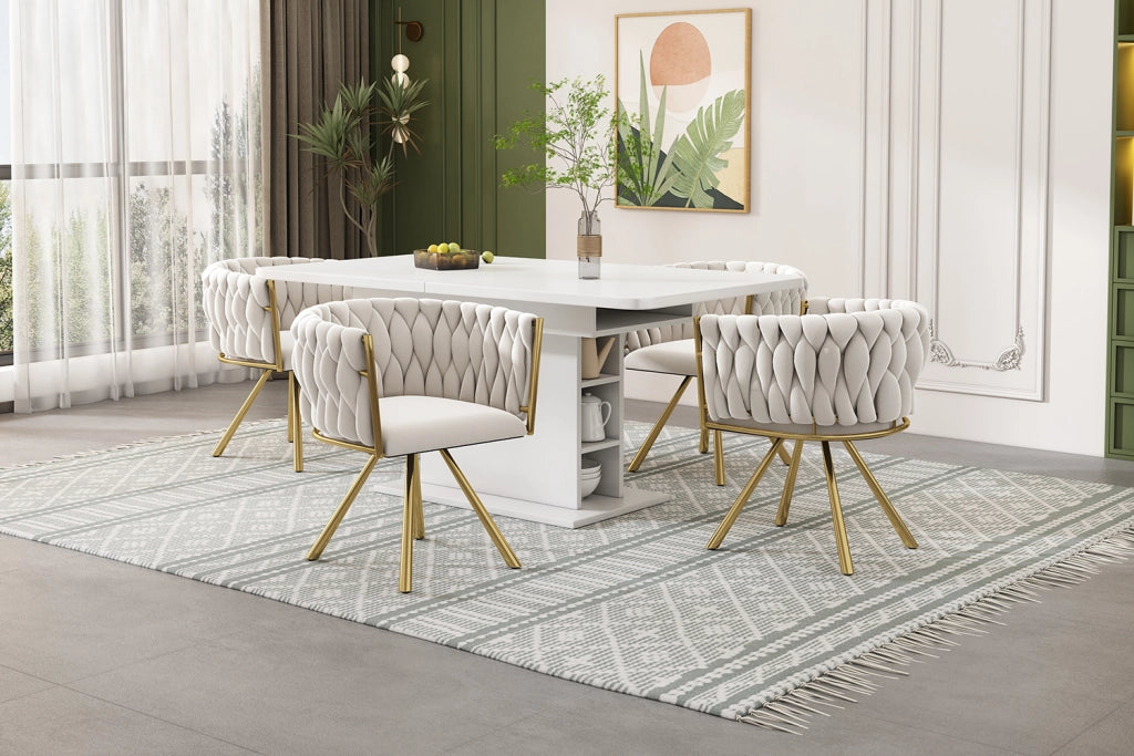 Sedia da pranzo girevole in velluto beige e oro con struttura in metallo, design ergonomico