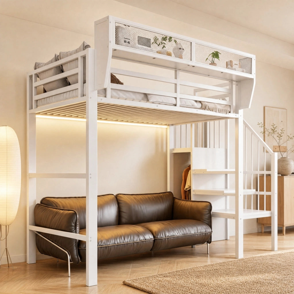Letto a soppalco 90x200 cm in metallo e MDF; con LED; scala di sicurezza; bianco