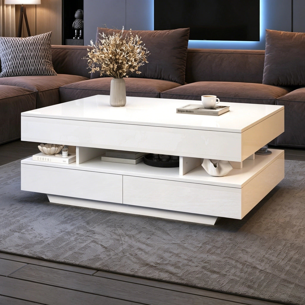 Tavolino lucido, piano regolabile in altezza, illuminazione a LED, 2 cassetti, 100 x 50 x 45 cm, bianco