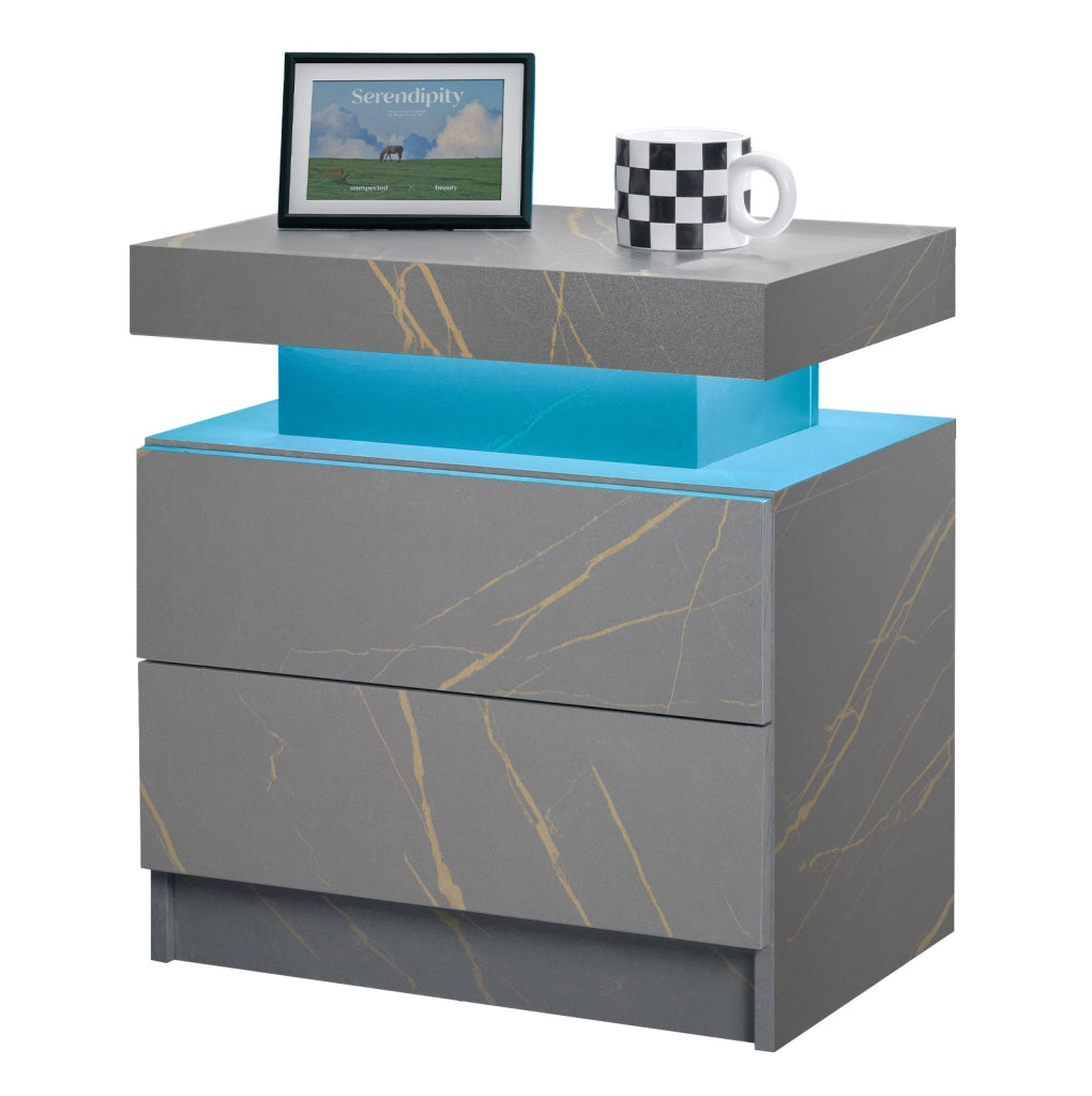 Comodino Moderno con Luci LED Regolabili e 2 Cassetti, Colore Grigio Oro