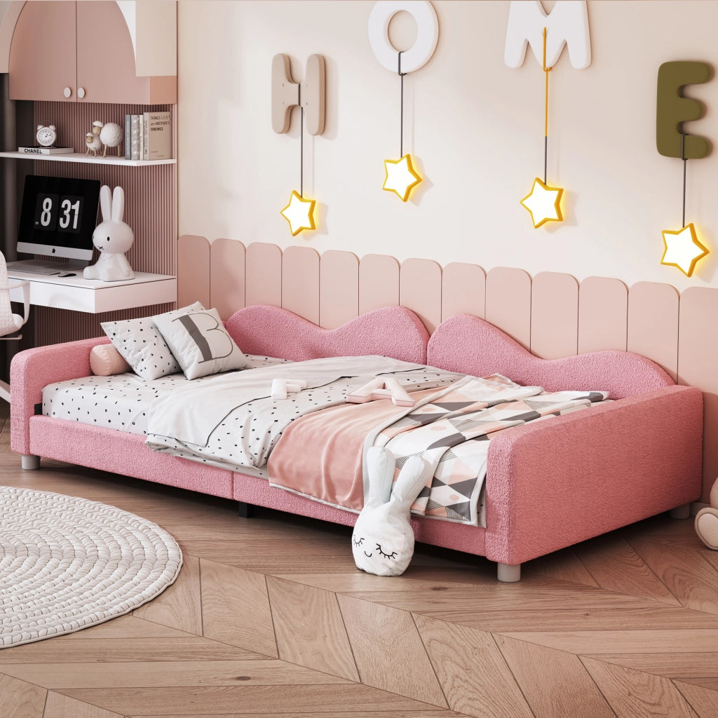 Letto a baldacchino con schienale imbottito tessuto peluche 90x200 cm