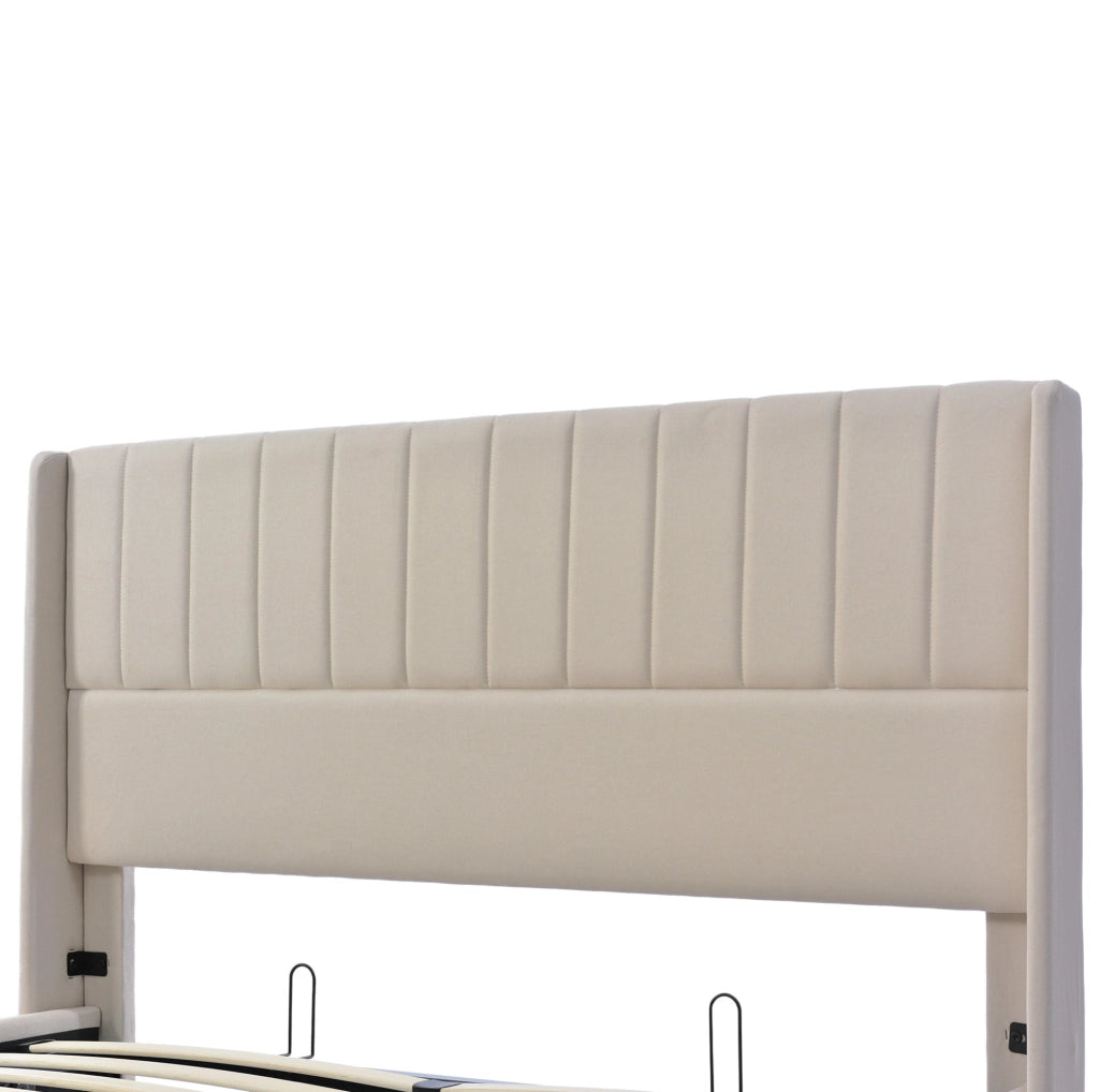 Letto contenitore imbottito 140x200 cm sollevabile in legno beige (Senza materasso)