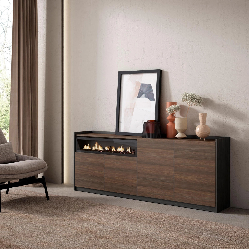 Credenza, Mobile, Cucina, 207x80x37 cm, 4 Porte, Camino elettrico, Rovere scuro e Nero
