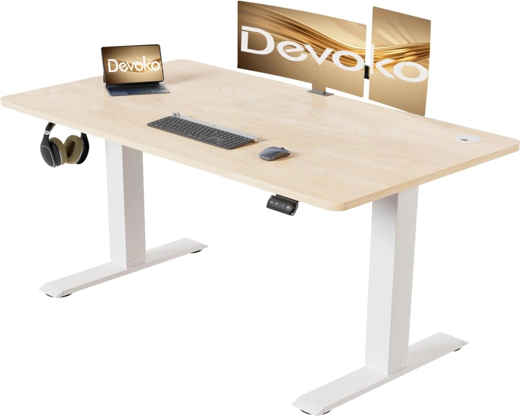 Scrivania regolabile in altezza, 120 x 60 cm, con vaschetta per cavi, altezza elettrica, stabile, scrivania per computer, memoria a 2 funzioni, seduta ergonomica in acero