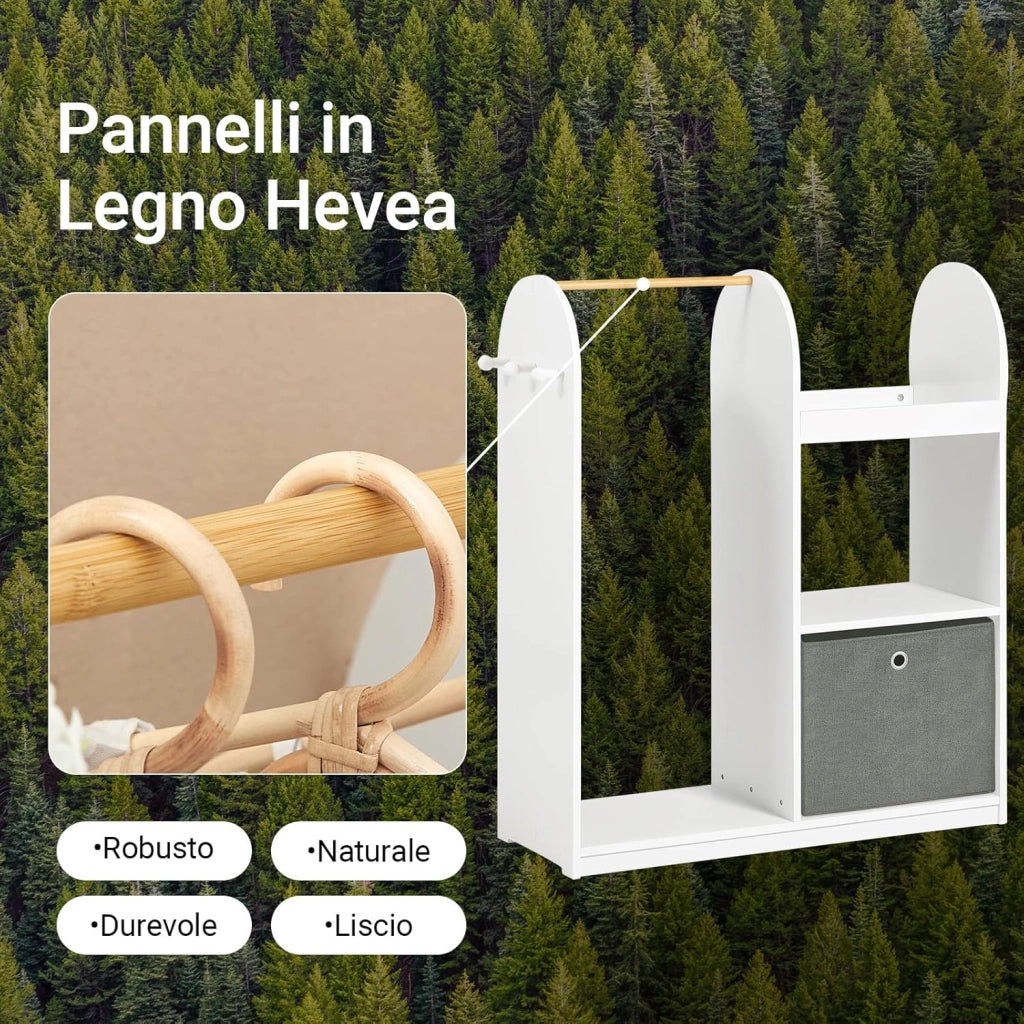 Armadio Cameretta Armadio Bambini con 3 Scomparti, Contenitore Tessuto e 3 Ganci Laterali Guardaroba con Appendiabiti per Bambini Bianco 97x35x108 KMB40-W