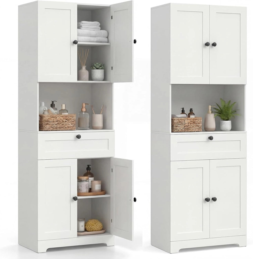 Mobile da Bagno Salvaspazio, Mobile da Terra con 4 Ante, 1 Cassetto, Vano Aperto e Ripiani Regolabili, Credenza Dispensa Cucina in Lgeno per Soggiorno e Ingresso, 60 x 35 x 171,5 cm (Bianco)
