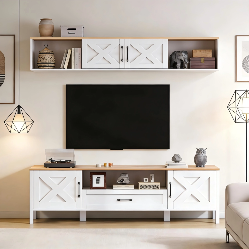 Mobile TV da Parete con Vetrina e Cassetto ¨C Xylo ¨C Bianco, 180x40x50