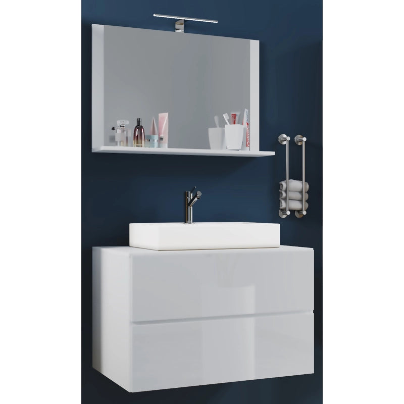 Luce di Ezooza Mobile Sospeso con 2 cassetti Large con lavabo in ceramica di alta qualità e specchio, Bianco , lavabo Bianco