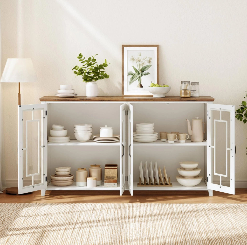 Sideboard da cucina largo 160 cm con ante in vetro e piano effetto legno
