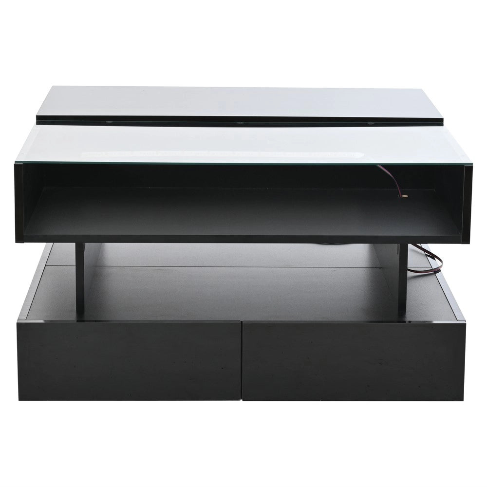 Tavolino da Caff¨¨ con LED e 2 Cassetti ¨C MINIMAL ¨C Vetro Temperato, Nero, 80x80x45