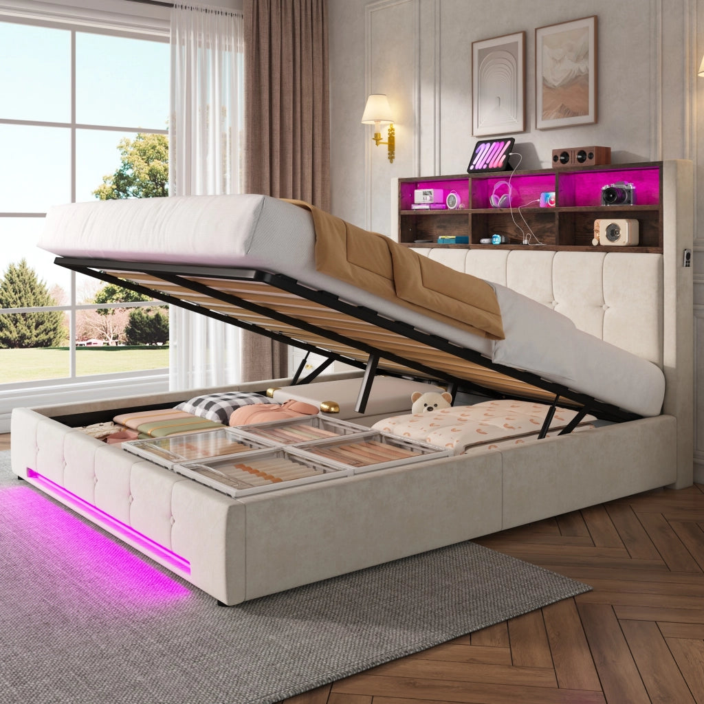 Letto imbottito 160x200 cm idraulico con LED USB colore beige in metallo e velluto
