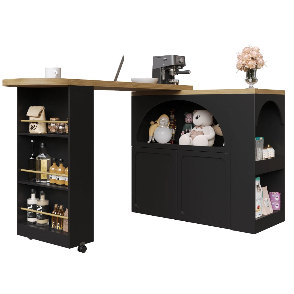 OKWISH Tavolo Bar Allungabile con Contenitore, Ruote, Illuminazione LED e USB, in MDF, 135-205 x 39 x 100 cm, Nero