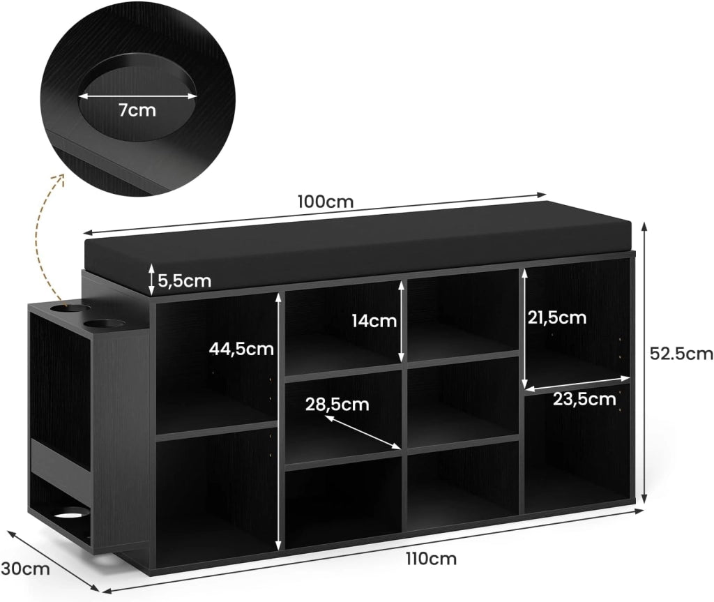 Panca Porta Scarpe con Porta Ombrelli, Organizzatore con Seduta Imbottita, 10 Cubi e Ripiani Regolabili, Scaffale Scarpe Industriale in Legno per Ingresso, Soggiorno, Camera da Letto (Nero)