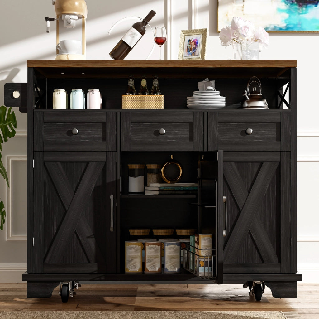 Isola cucina mobile nera con piano pieghevole e ruote