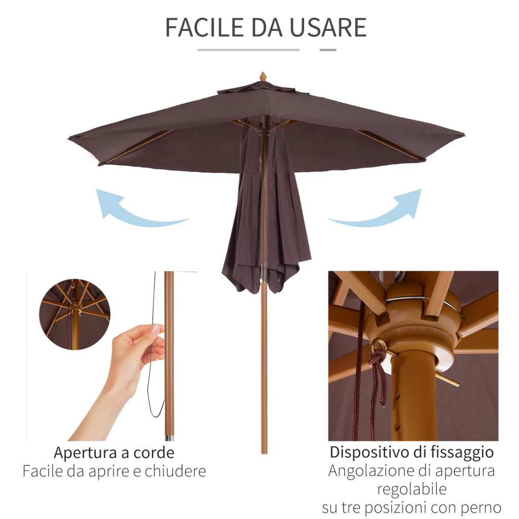Easycomfort Ombrellone da Giardino 2.5x2.3 m a 6 Stecche con Manovella, in Legno e Poliestere, Marrone