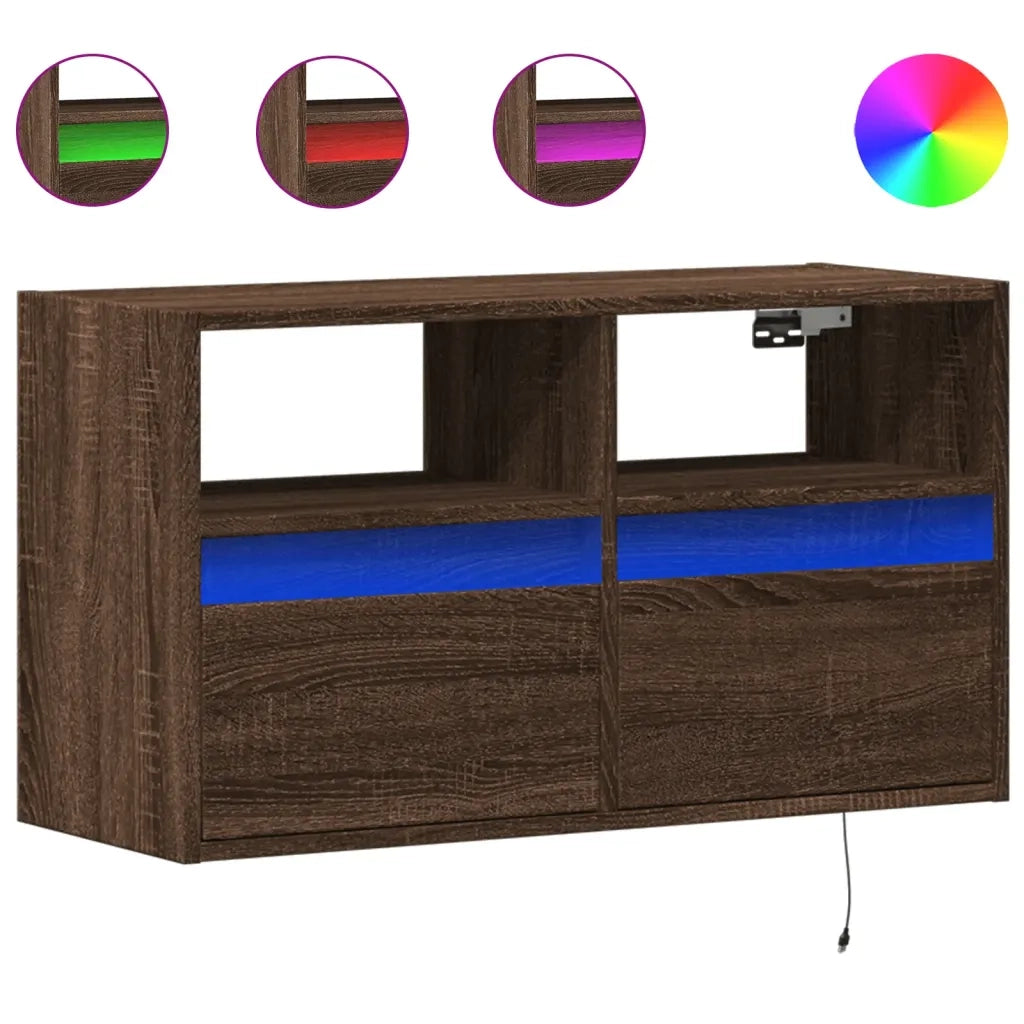 Mobile TV a Parete con Luci LED-Mobile TV a Muro Rovere Marrone 80x31x45 cm 939464