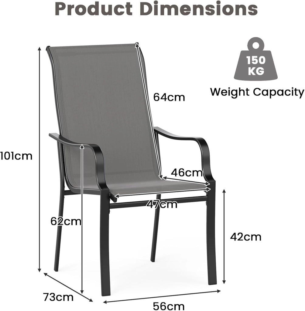 Set di 2 Sedie da Giardino, Sedie da Esterno in Tessuto con Telaio in Metallo, Poltrona da Balcone Ergonomica con Braccioli Curvi e Schienale Alto, per Sala da Pranzo, Carico 150 kg, Grigio