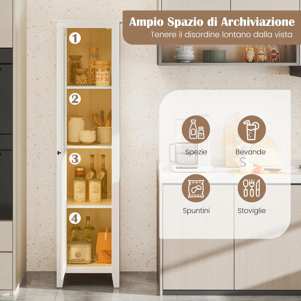 Mobile Bagno 43 x 39,5 x 183 cm, Colonna Bagno con Ante e 4 Ripiani, Armadietto Salvaspazio Alto a Colonna in MDF, per Soggiorno, Cucina e Ufficio (Bianco)
