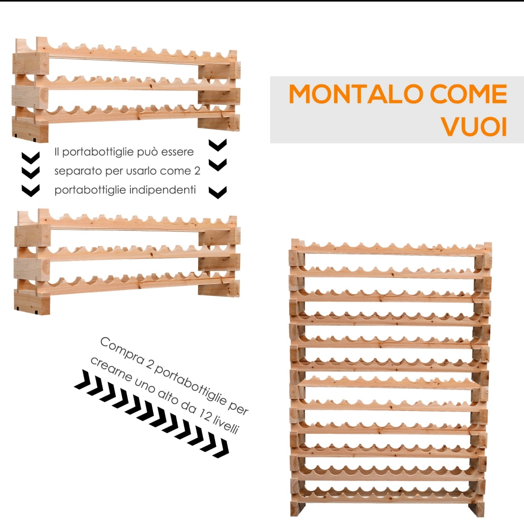 EasyComfort Scaffale Portabottiglie in Legno di Abete, Cantinetta Portabottiglie con 6 Ripiani per 72 Bottiglie e Peso Massimo 100 kg, 114x28x85 cm, Legno Naturale