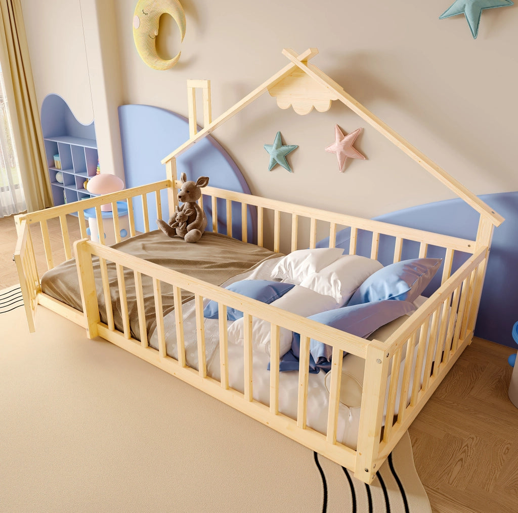 Letto per bambini a casetta 90x190 cm in pino naturale con sponda