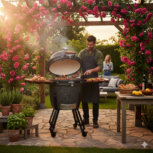 Barbecue a Carbone Carbonella Ø54,7 cm in Ceramica di Mullite con Supporto Kamado Lisa Luxury 21” Nero