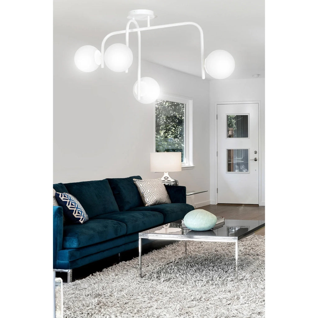 Lampadario 4 Luci Rama In Acciaio Bianco A Bracci E Sfere In Vetro Opalino