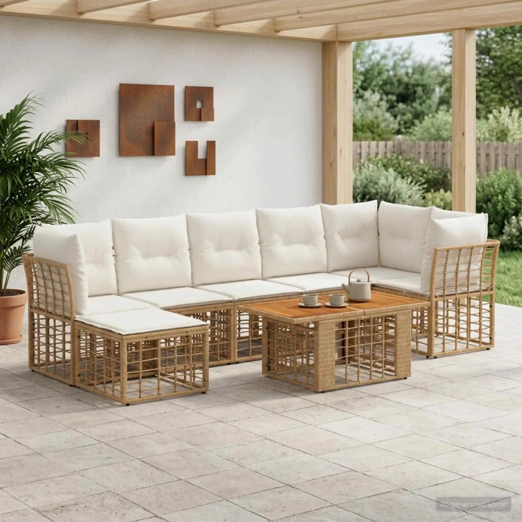 Set Divano da Giardino 8 pz Naturale e Bianco Crema polyrattan 3437890