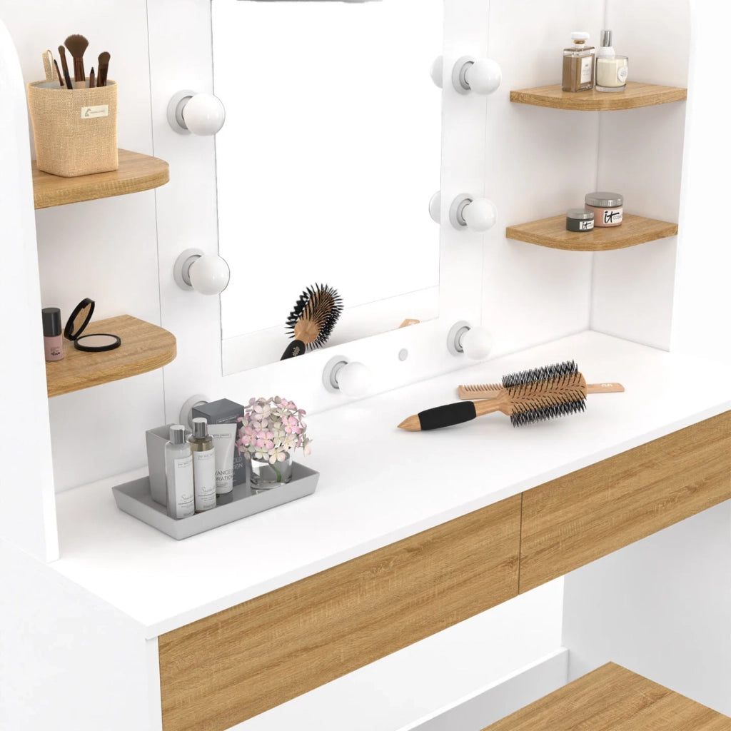 IDMarket - Tocador ZELIA blanco y haya con 4 estantes, espejo LED y taburete