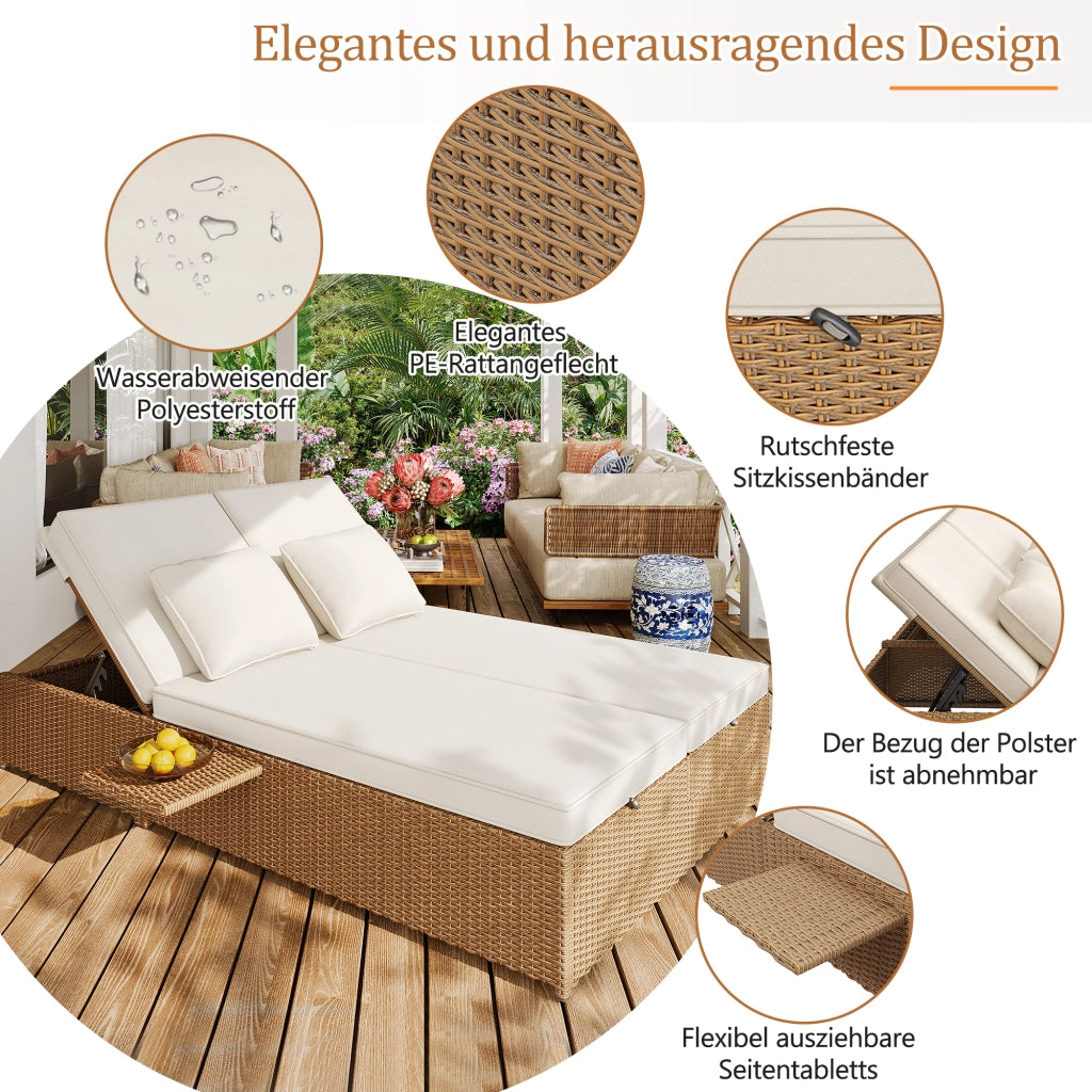 Chaise longue de jardin ext¨¦rieure double lit chaise longue en rotin ext¨¦rieure canap¨¦ en rotin pouvant servir de mobilier de jardin d¡¯ext¨¦rieur adapt¨¦ aux salons balcons et jardins r¨¦sistant aux intemp¨¦ries pliable avec coussins blanc