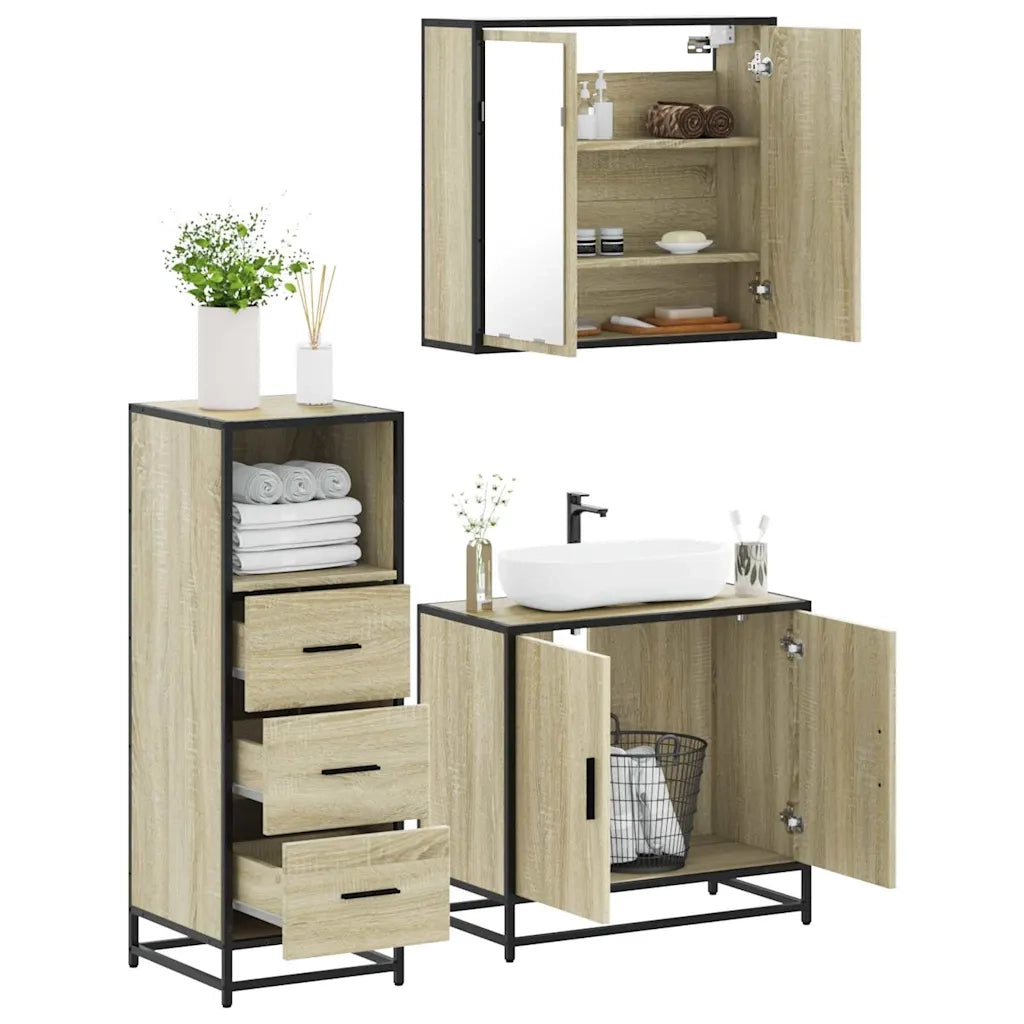 Set Mobili da Bagno 3 pz Rovere Sonoma in Legno Multistrato