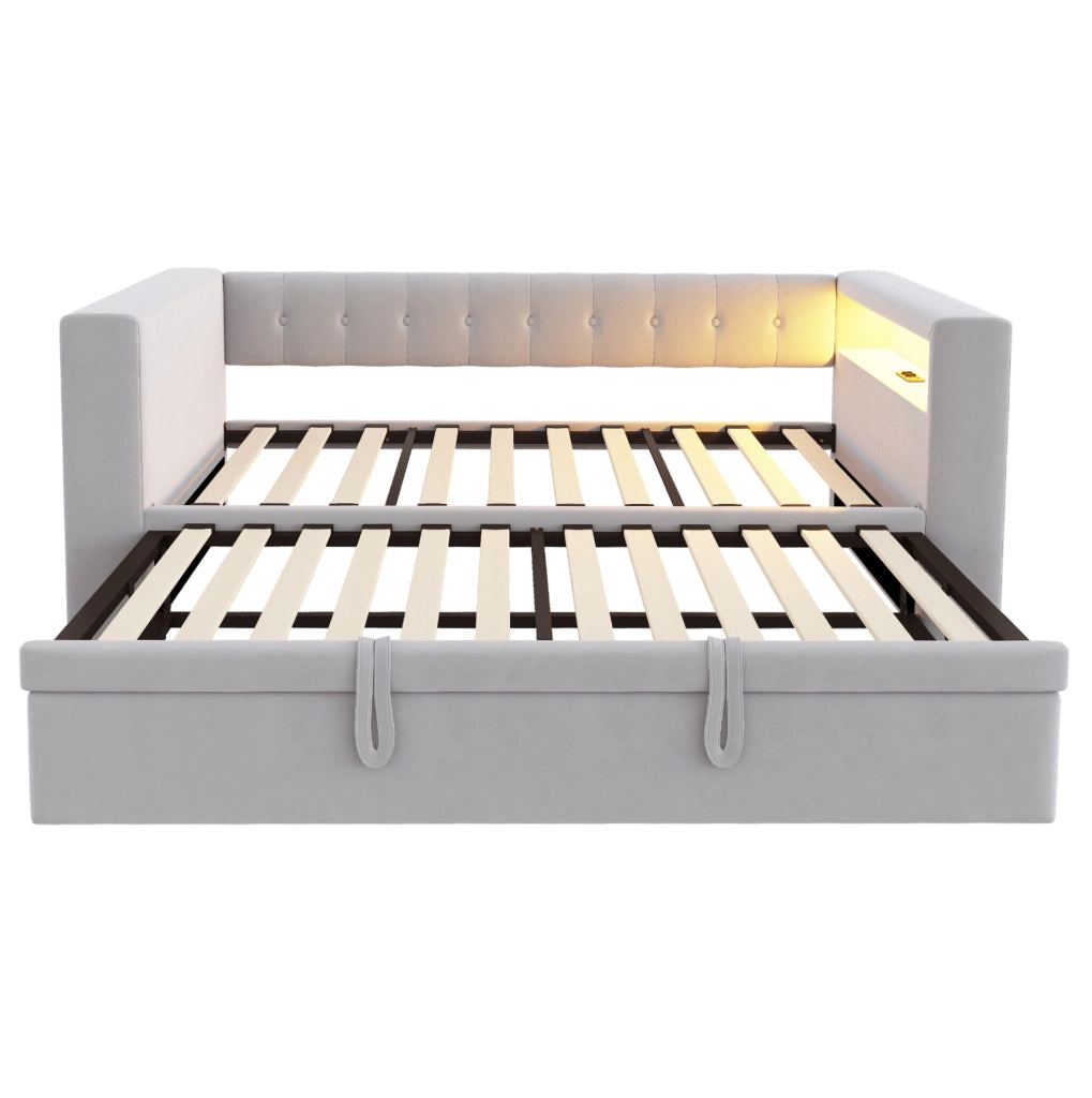 Divano letto 90/180x190 cm con LED multicolore, presa e vani contenitore grigio chiaro