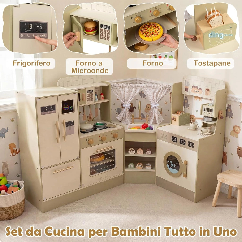 Cucina Giocattolo d'Angolo per Bambini, Cucina Gioco in Legno con Forno, Tostapane, Macchina del Caffè, Frigorifero e 21 Accessori, Gioco Educativo per Bambini 3+ Anni, 146,5 x 54 x 85,5 cm