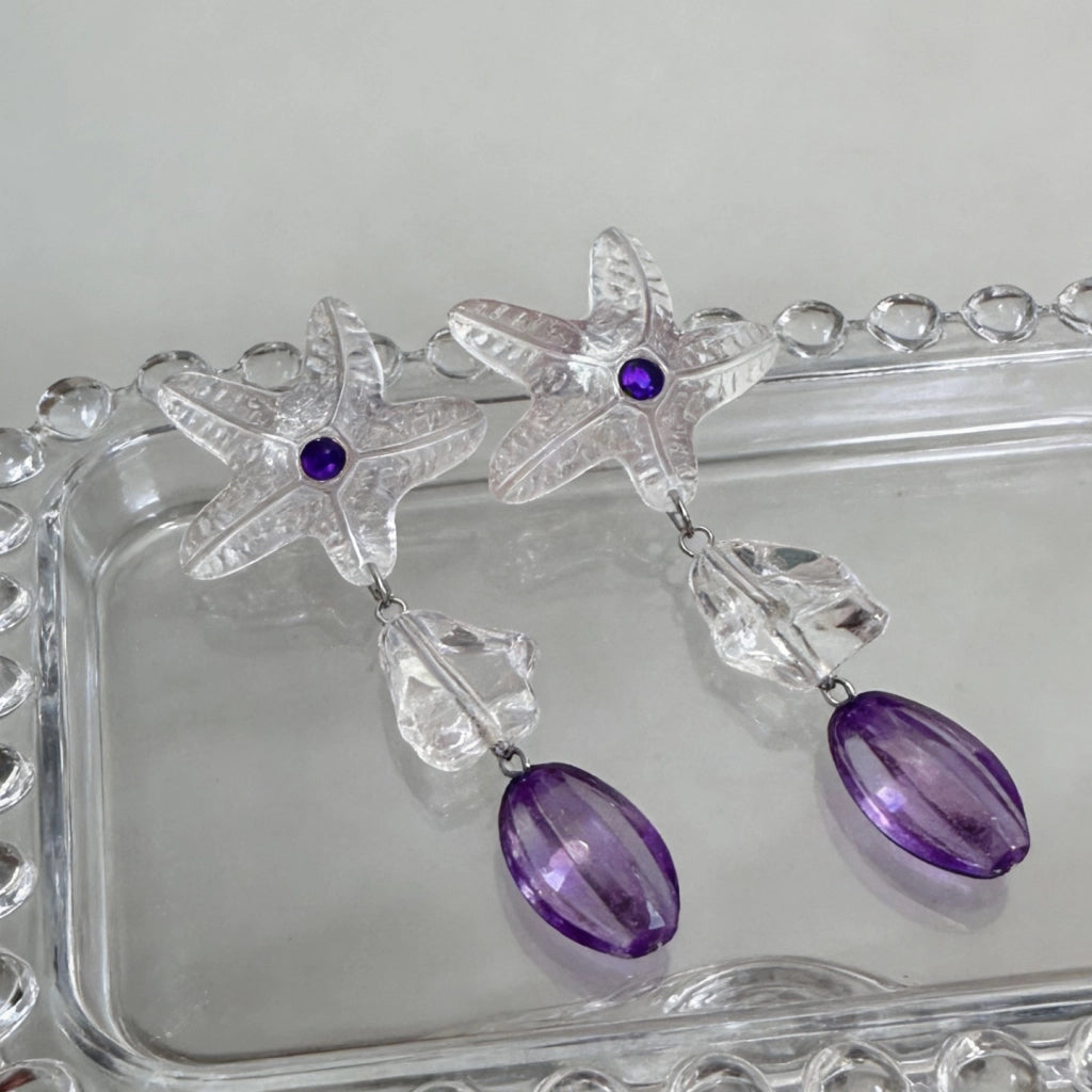 Orecchini a stella trasparenti in stile vacanza estiva per donna, design di nicchia, orecchini/perni viola di alta gamma e versatili