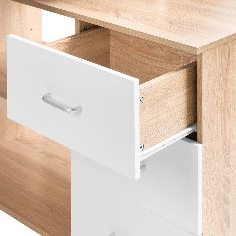 Scrivania da ufficio domestico angolare con 2 ripiani e 3 cassetti Pannello truciolare Gambe in ferro 140 x 100 cm marrone chiaro