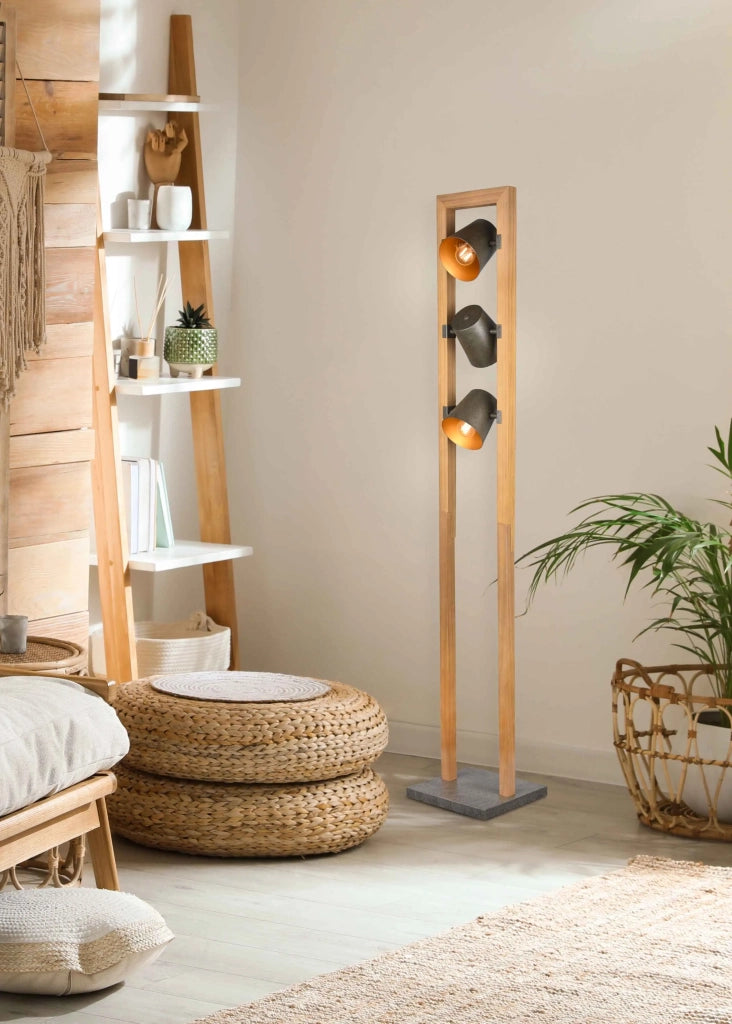 Piantana 3 faretti orientabii, acciaio anticato e oro, H 150 cm, Bell